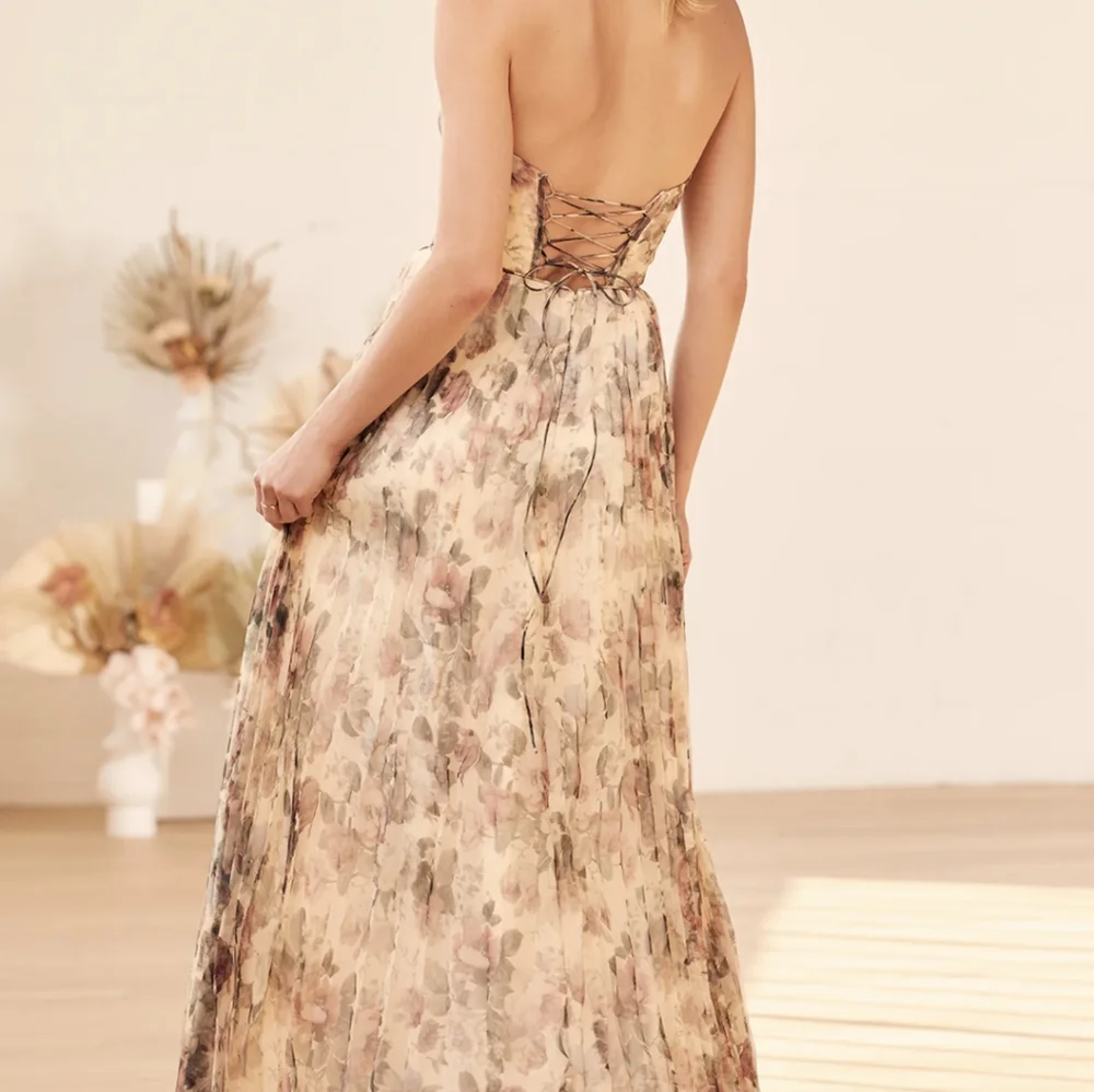 Strapless Floral Chiffon Evening Gown - Blush Floral - Picture 2 of 6
